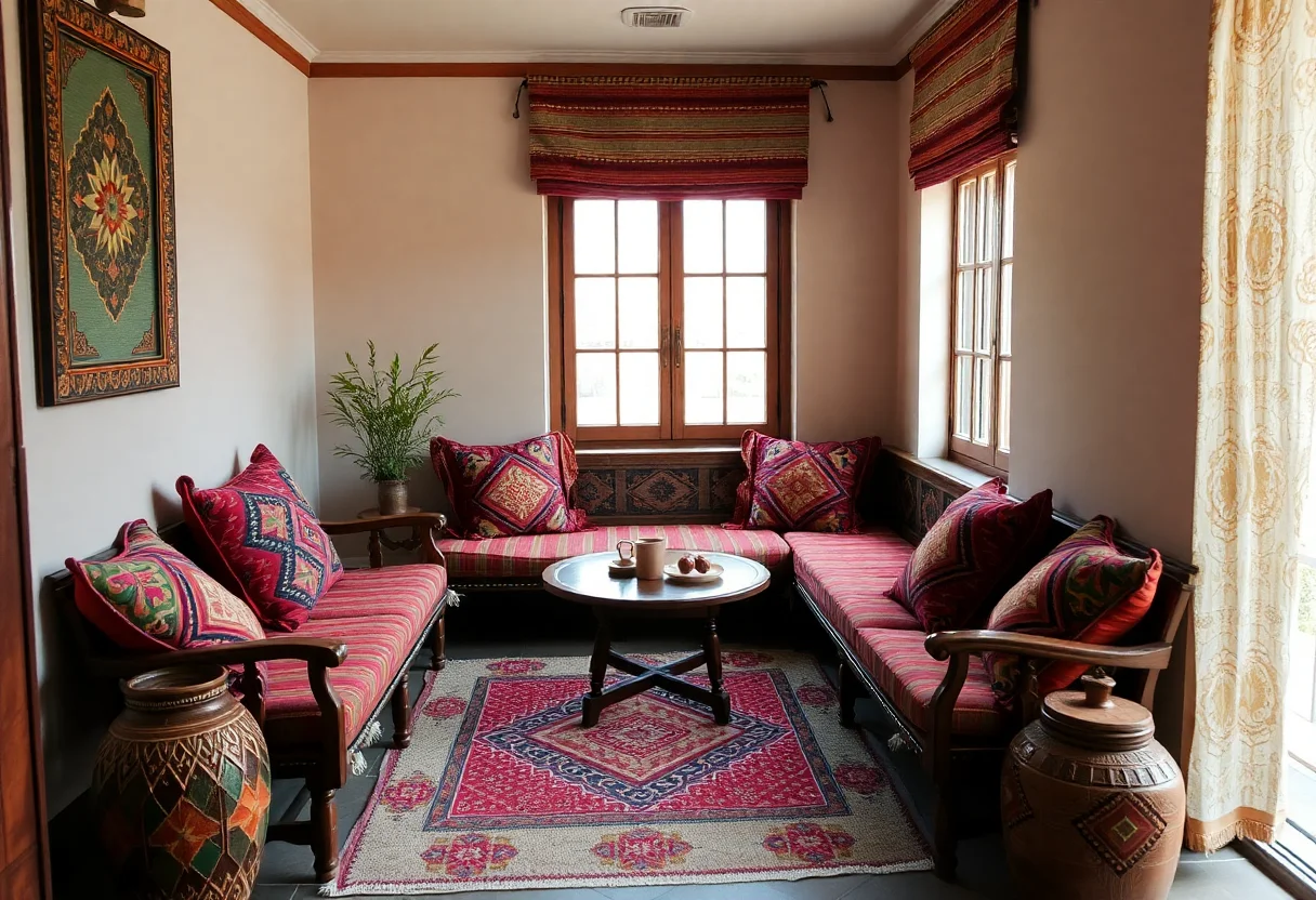 A cozy corner with traditional seating and kilim pillows