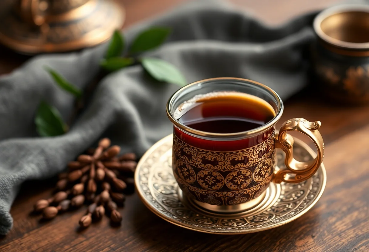 A cup of Turkish coffee served in a traditional ornate cup.