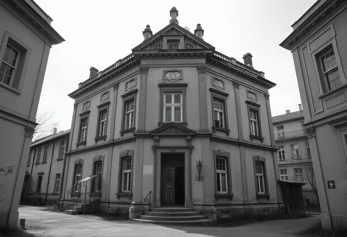 A dilapidated historical building before restoration, in black and white
