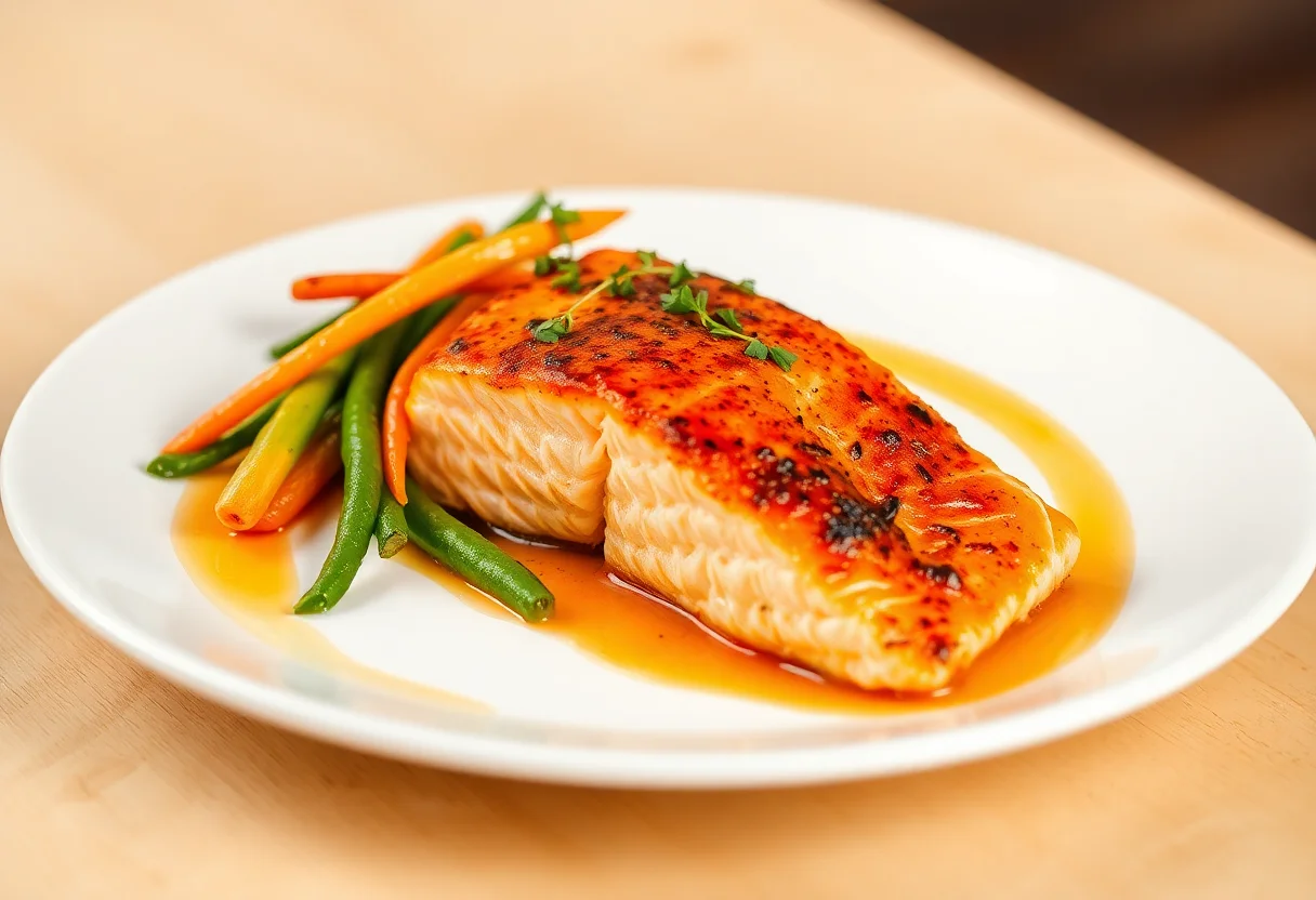 A gourmet dish of salmon with vegetables served on a white plate.