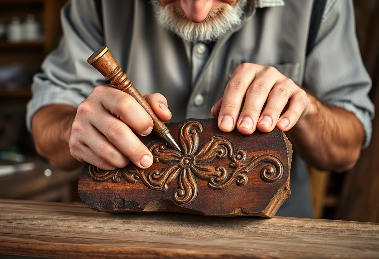 A master craftsman carefully carving a detailed pattern into a piece of dark wood.