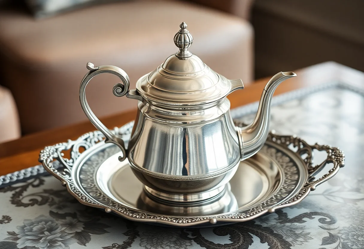 A silver traditional teapot set on a decorative tray