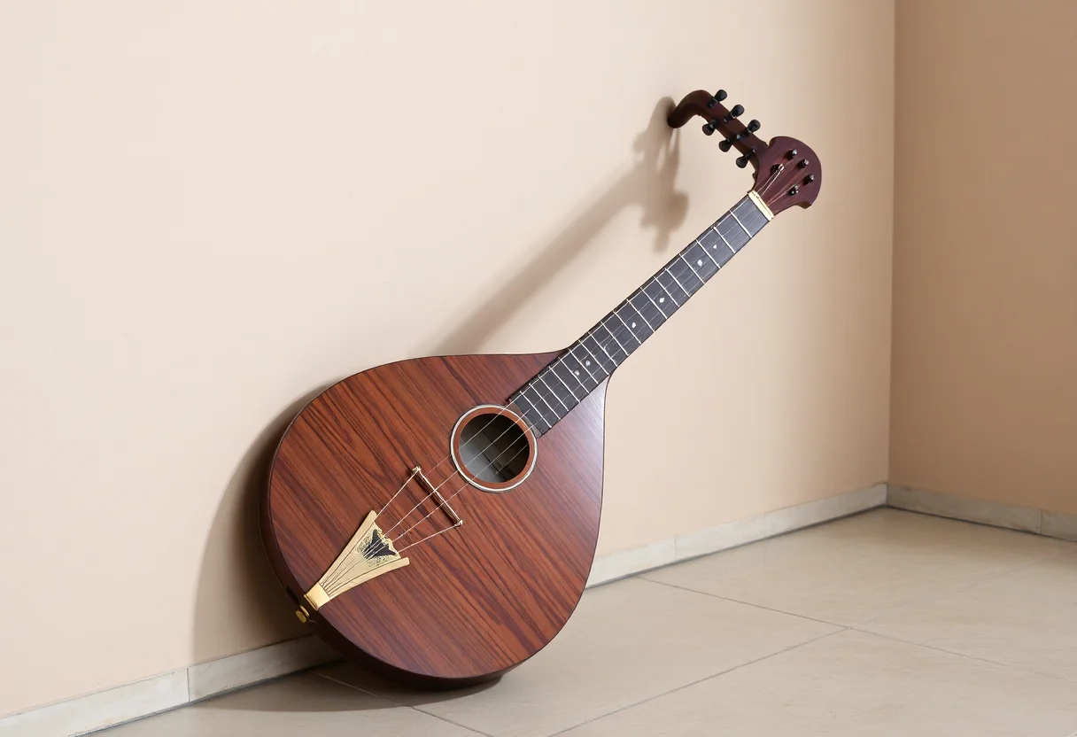 A traditional musical instrument, an oud, leaning against a wall
