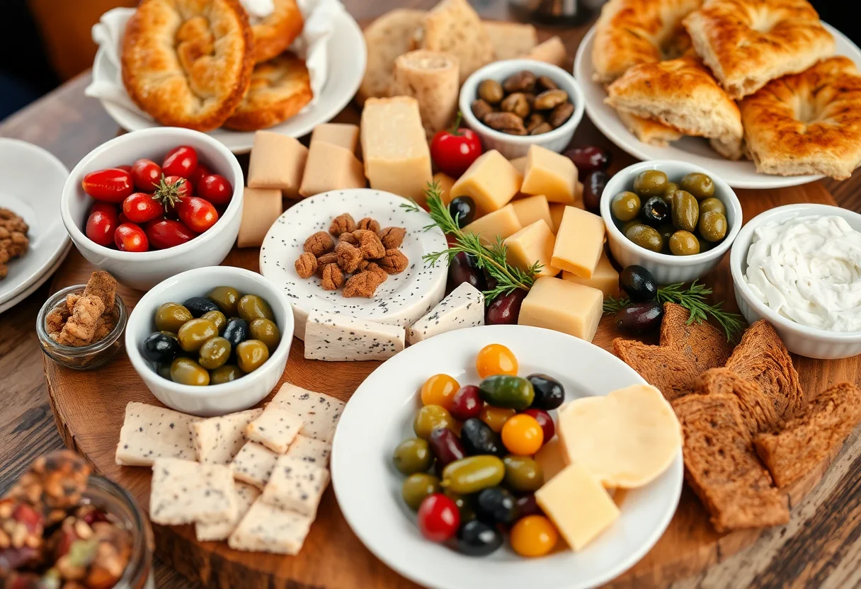 A traditional Turkish breakfast spread with various cheeses, olives, and pastries.