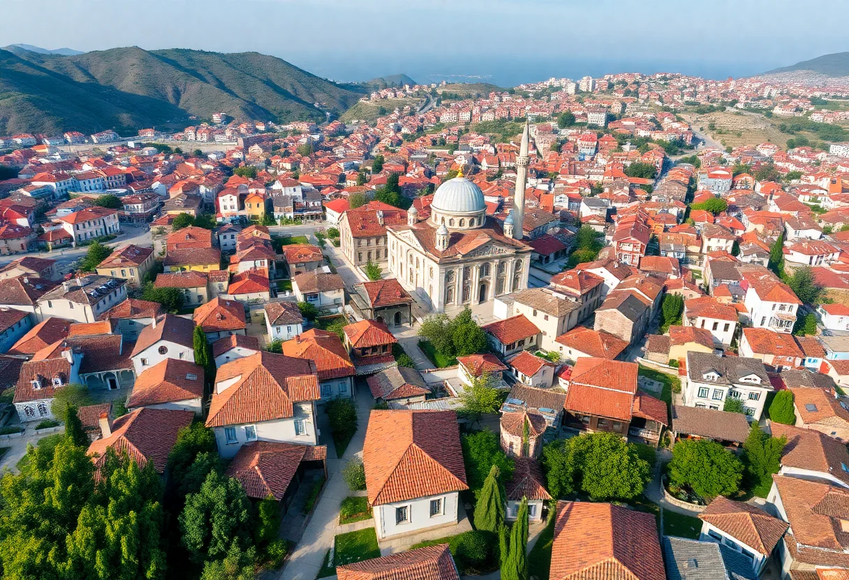 An aerial view of a historic Turkish town with traditional houses and a central mosque.