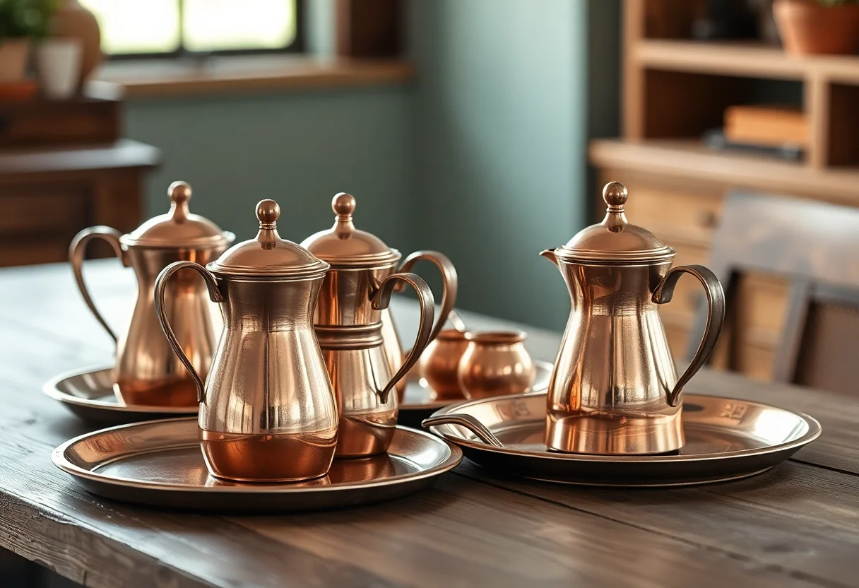 Antique copper coffee pots and trays on a wooden table