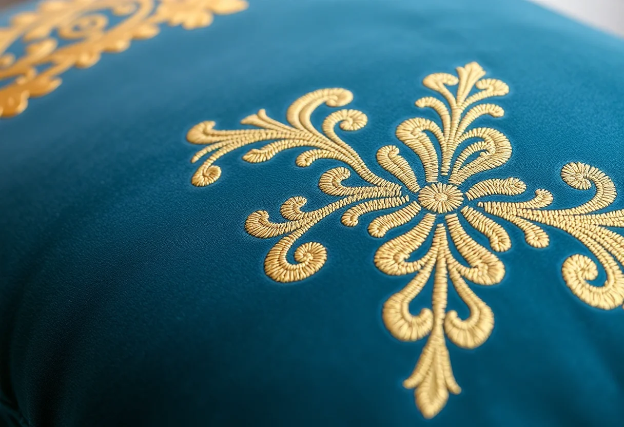Close-up of a luxurious velvet cushion with gold embroidery