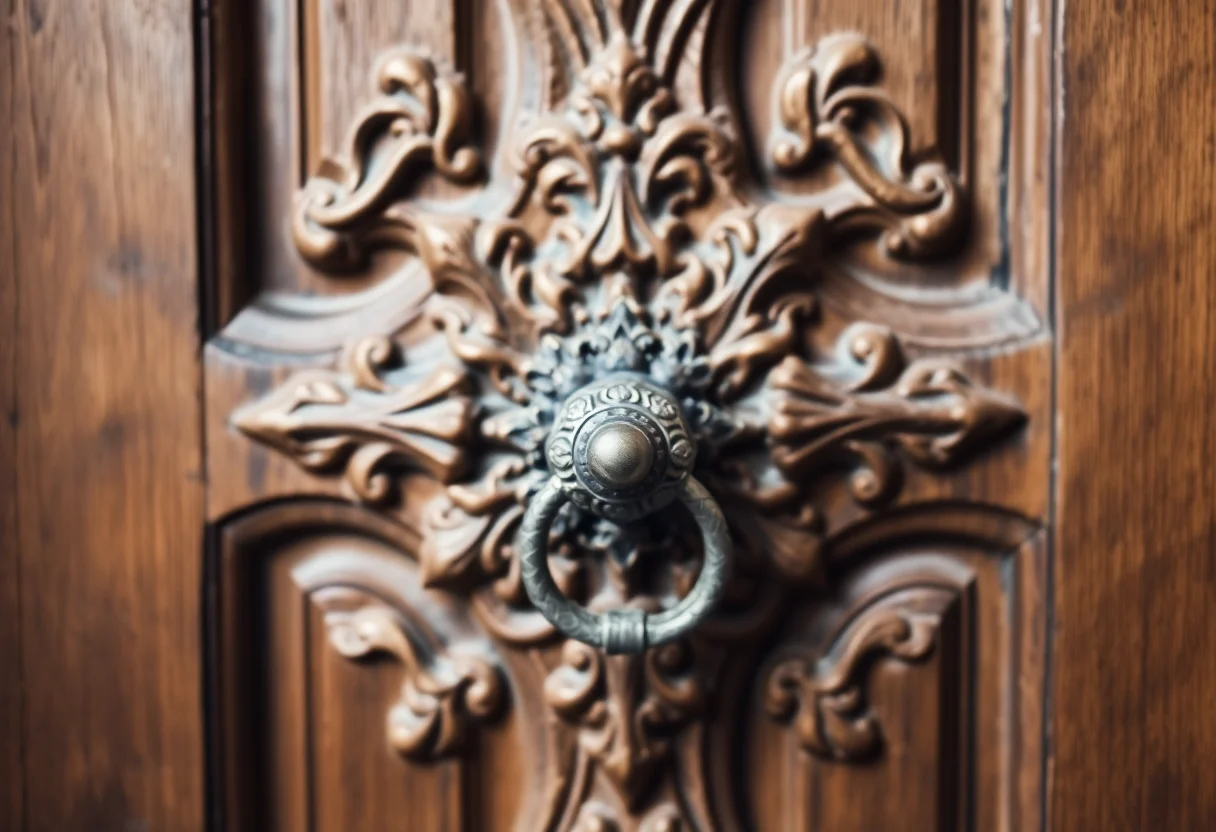 Close-up of an intricately carved old wooden door with a metal knocker.
