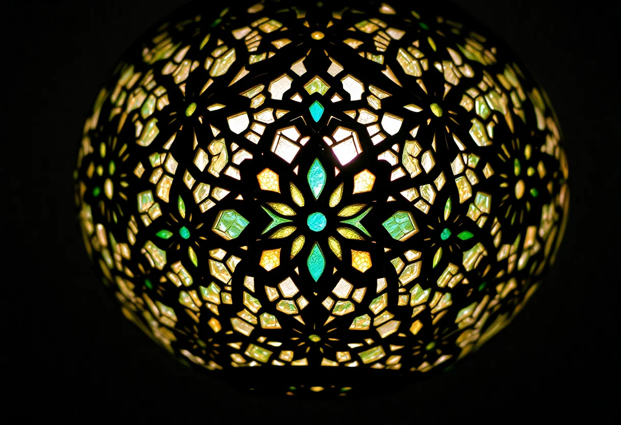 Close-up of an ornate traditional Turkish mosaic lamp with intricate patterns.