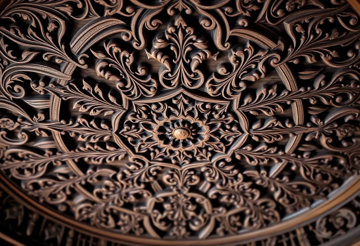 Close-up of intricate Ottoman-style wood carving on a ceiling.