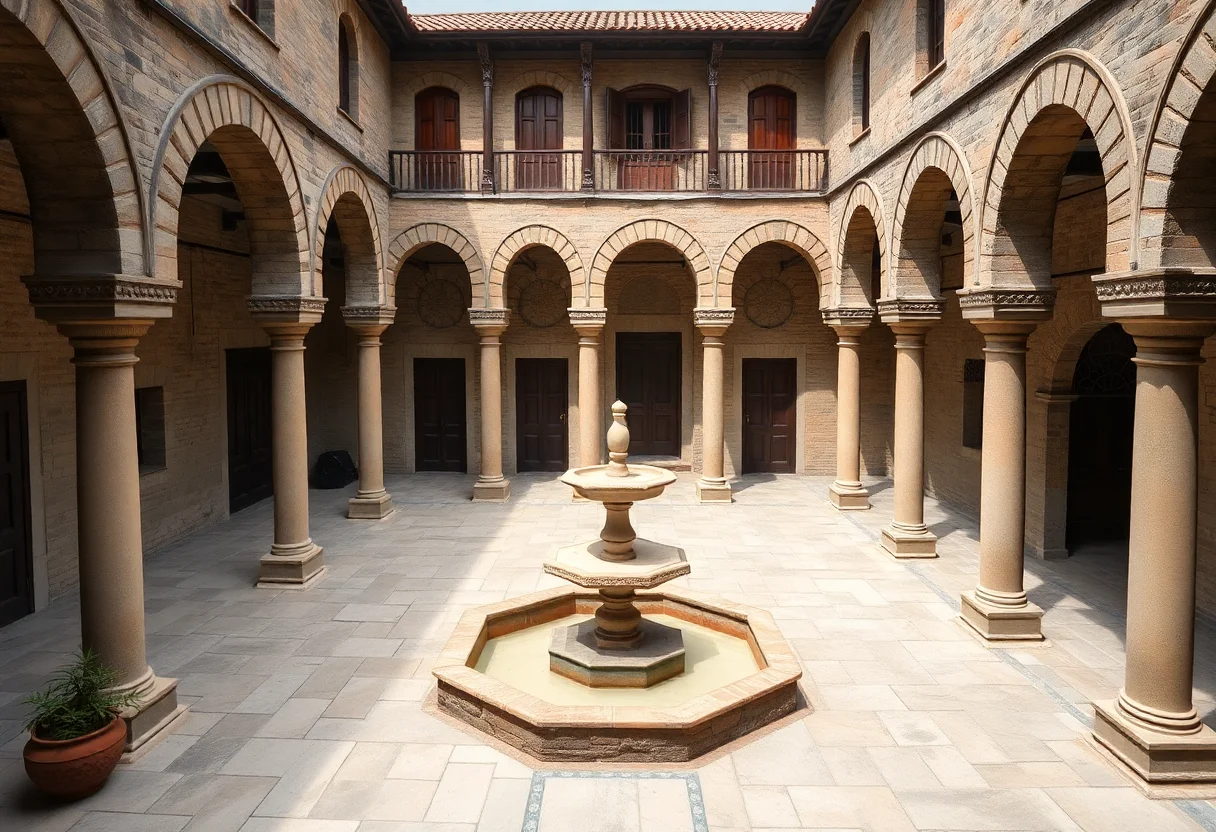 Courtyard of a historic Ottoman inn (han) with arches and a central fountain.
