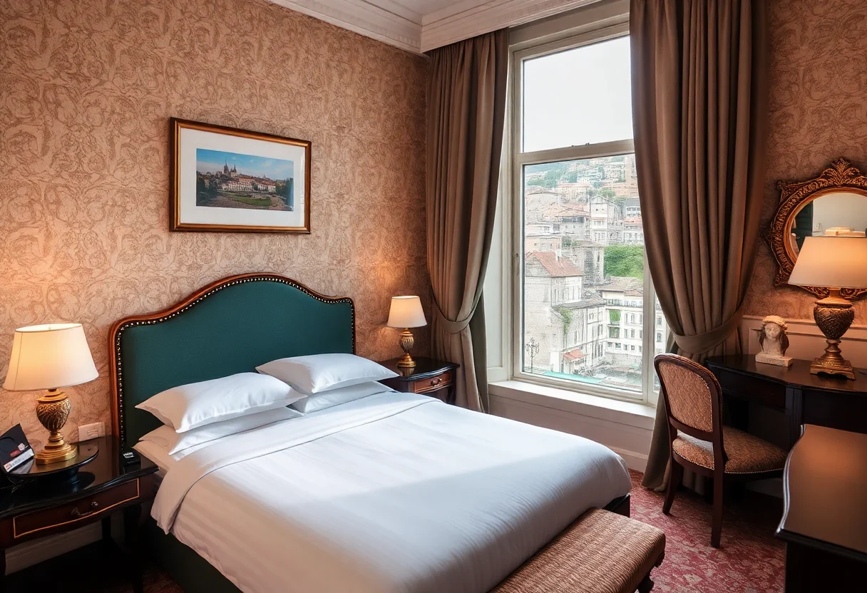Cozy and elegant guest room with a view of a historic town