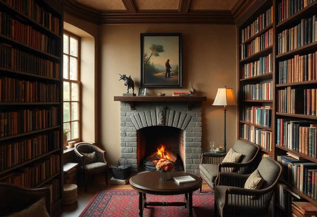 Cozy library corner with a fireplace and shelves of old books