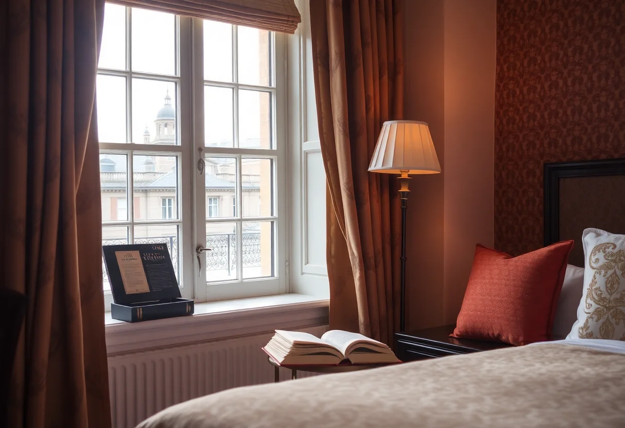 Cozy reading nook by a window in a historic hotel room.