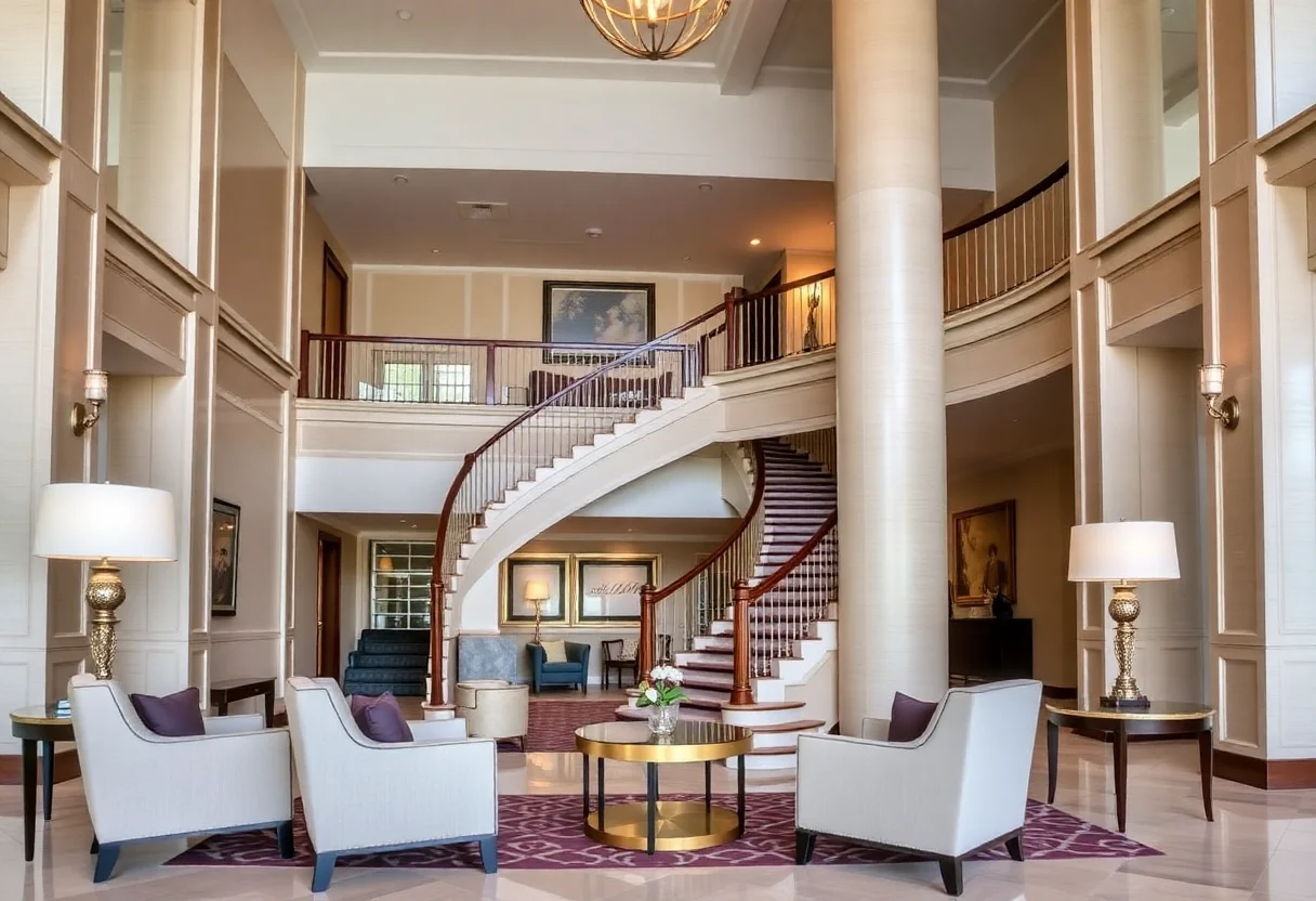 Elegant hotel lobby with a grand staircase and comfortable armchairs