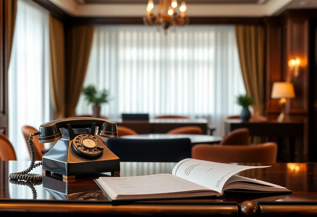 Elegant hotel reception desk with a vintage telephone and guest book