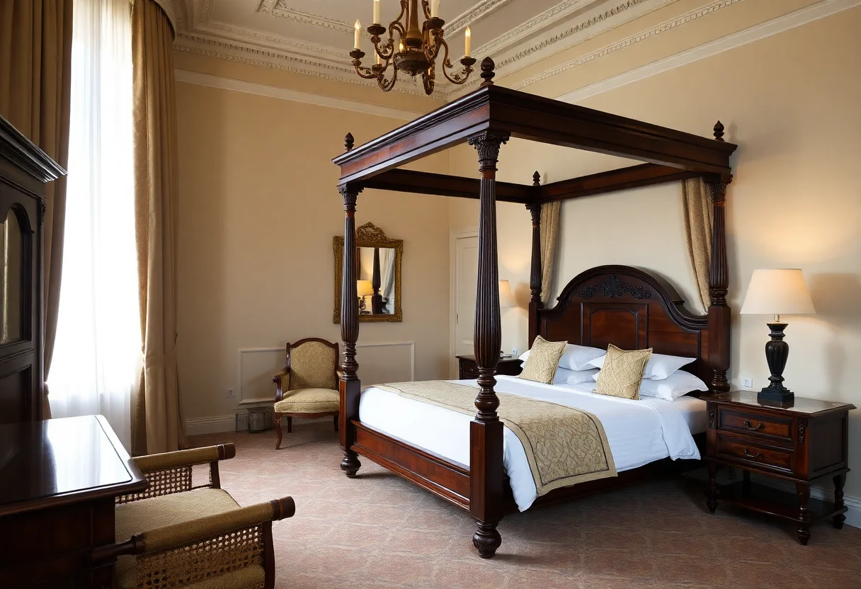 Elegant hotel room with a four-poster bed and classic wooden furniture.