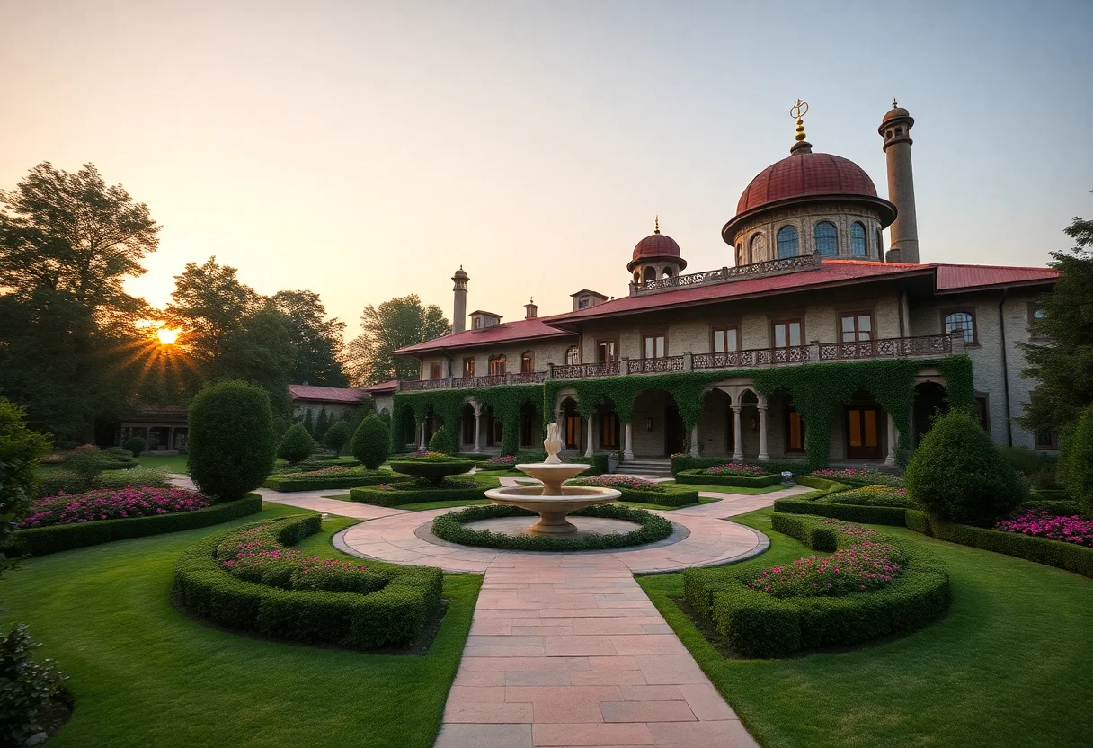 Grand restored Ottoman mansion with a beautiful garden at sunset.