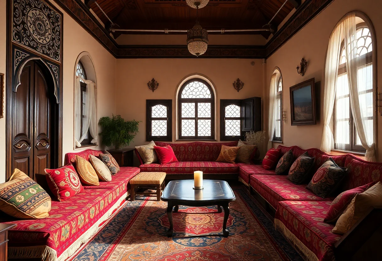 Interior view of a cozy, traditional Turkish lounge area with carpets and cushions.