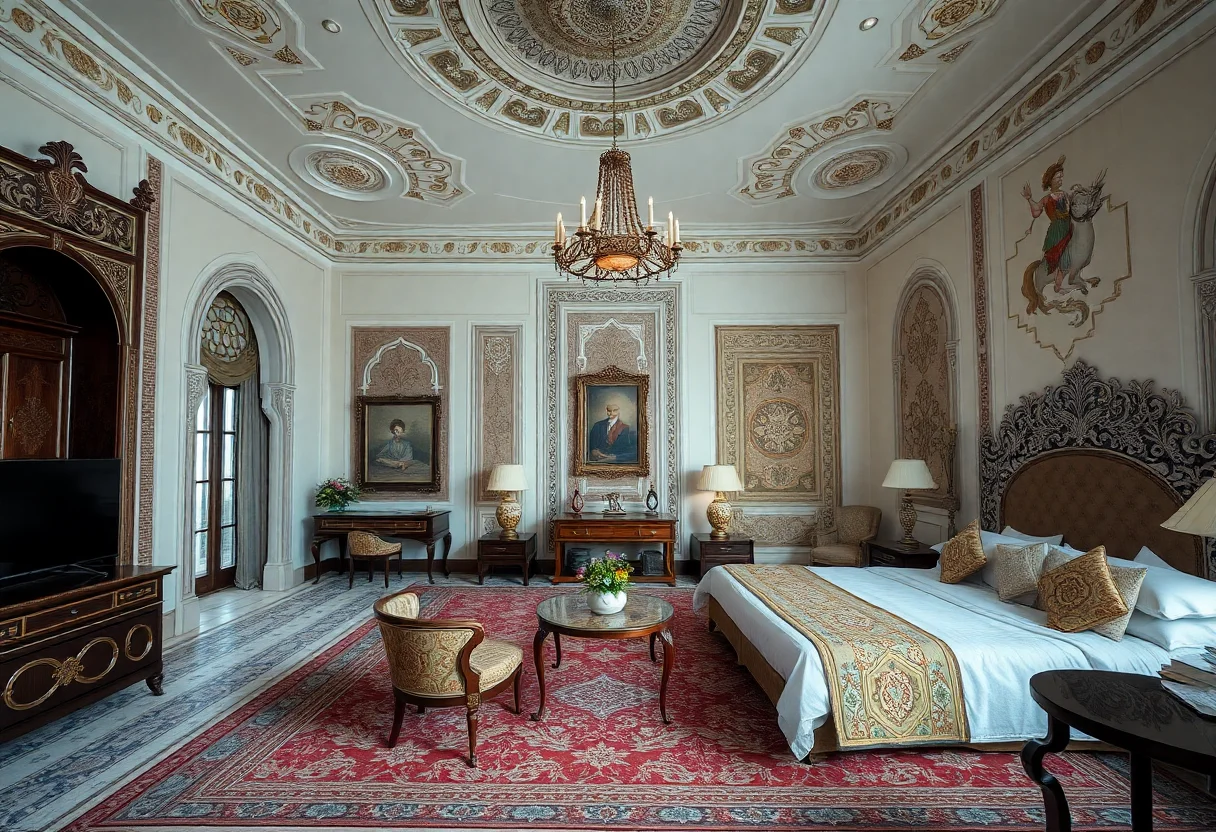 Luxurious Ottoman style hotel room with intricate details and elegant furniture.
