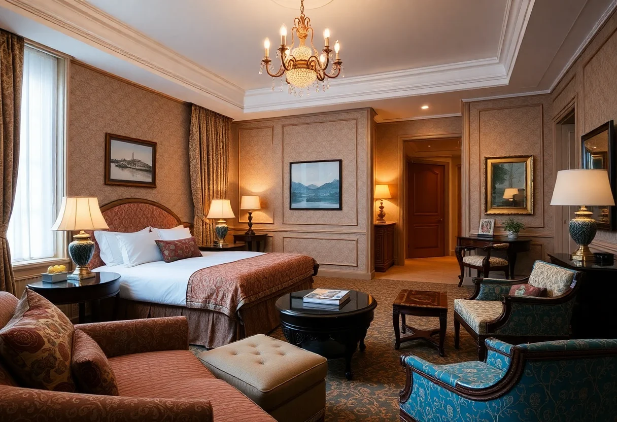 Luxury hotel room with classic furniture and rich textiles