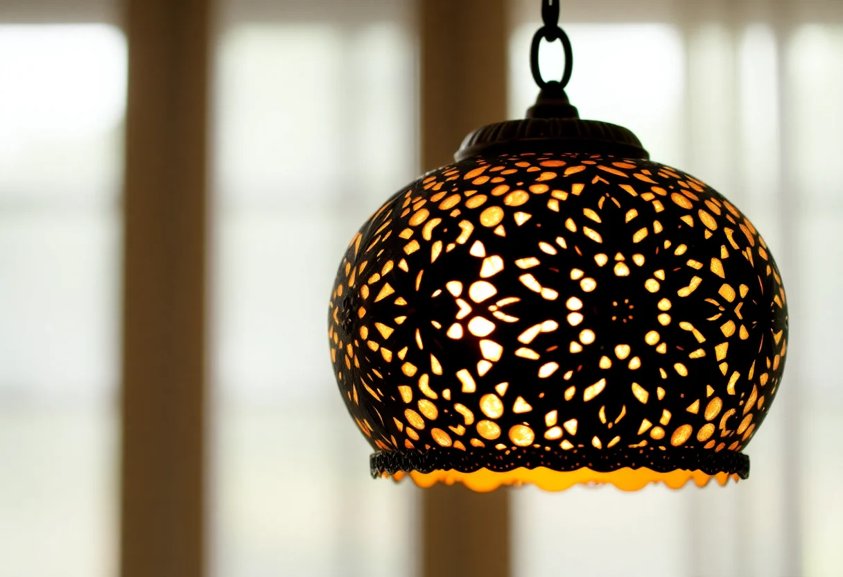 Ornate mosaic lamp casting a warm glow