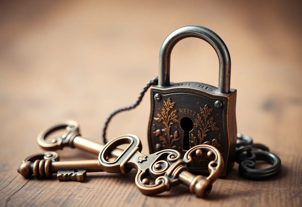 Ornate vintage keys and a lock symbolizing data security