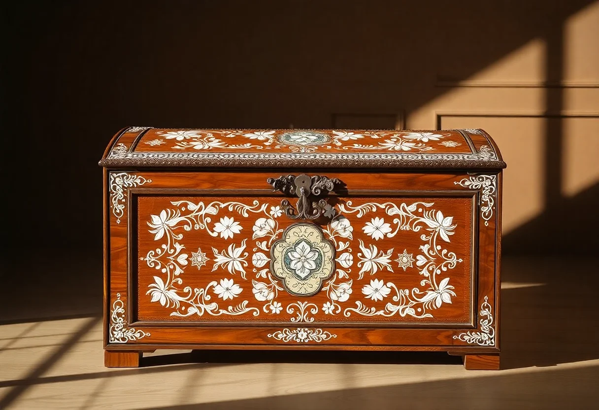 Ornately decorated mother-of-pearl inlaid wooden chest