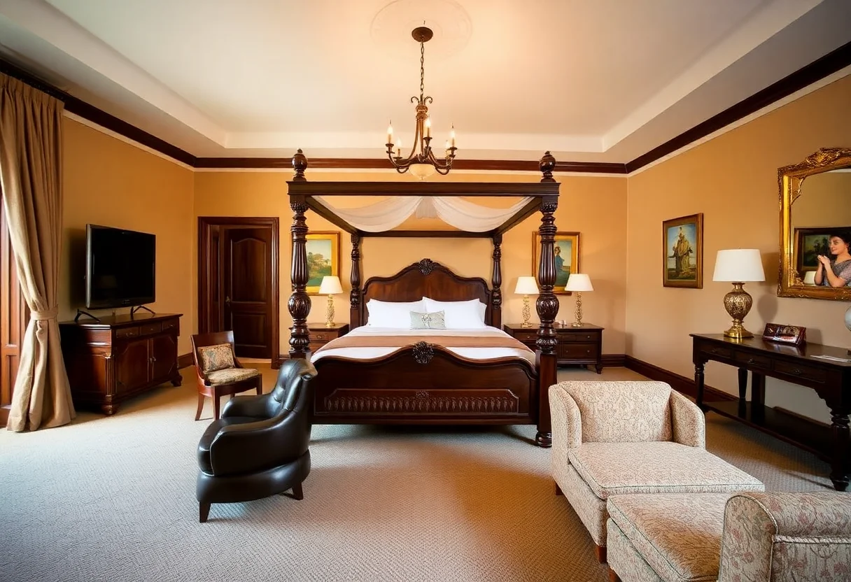 Spacious hotel suite with a four-poster bed and authentic decor