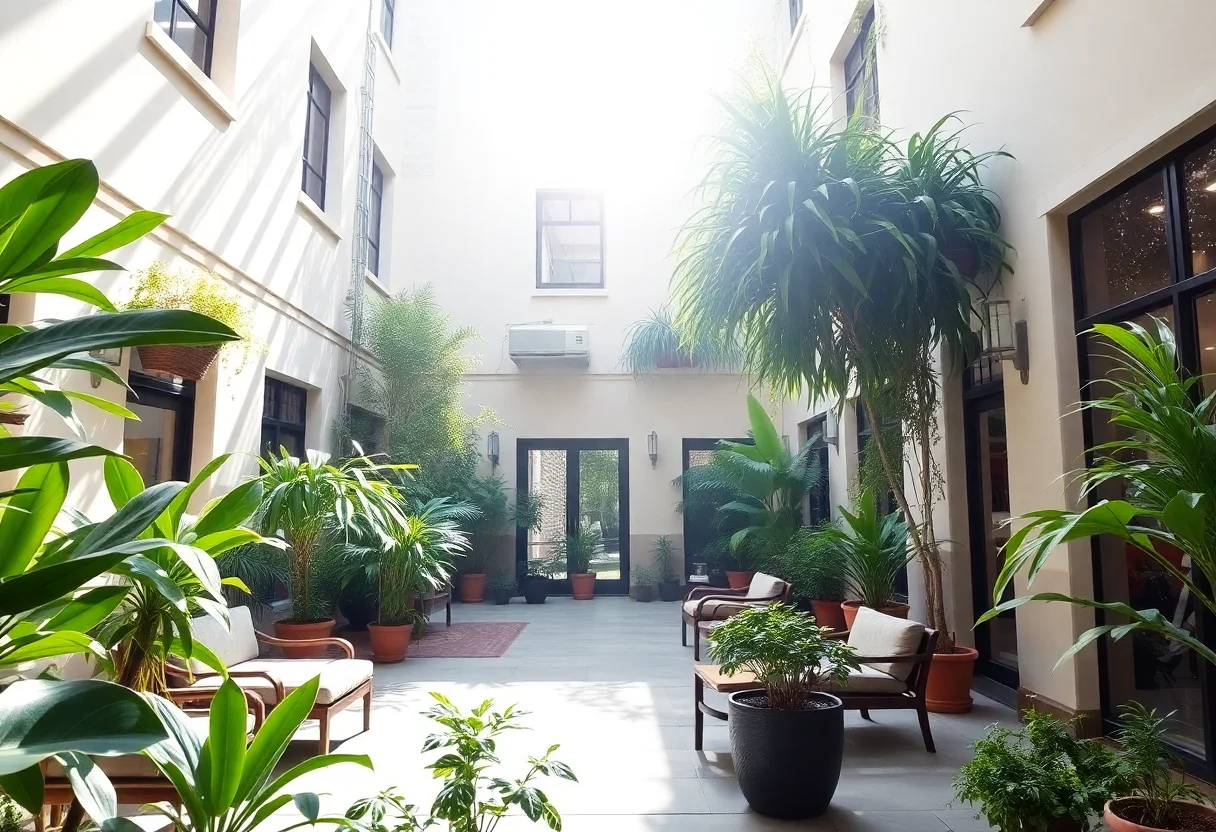 Sunlit inner courtyard with lush plants and seating areas